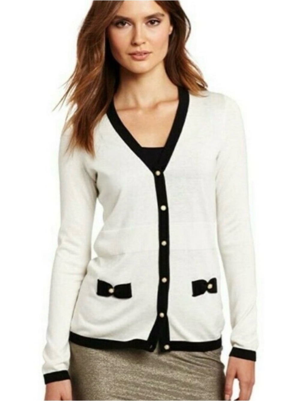 Lilly Pulitzer Cream silk/cotton Cardigan  Black Trim & Bow Accents size medium